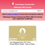 Capture d'écran d'un site Youzik permettant de convertir des vidéos YouTube en MP3. Il présente une vidéo intitulée "Jeux Olympiques Paris 2024 Thème Musical Officiel | Parade - Victor Le Masne" avec 1,4 million de vues.