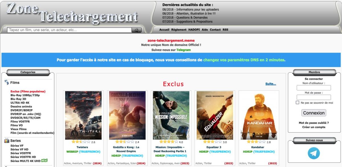 Capture d'écran du site "Zone Téléchargement" en français, montrant une liste de films populaires disponibles en téléchargement, les actualités du site et les options de connexion des utilisateurs. Le site a récemment annoncé un changement d'adresse. Cinq affiches de films sont mises en évidence au centre.