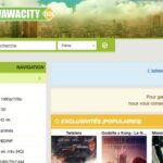 Capture d'écran de la section cinéma d'un site Web sur « Wawacity », avec une barre de recherche en haut, un menu de navigation sur la gauche et des films en surbrillance comme « Twisters », « Godzilla vs Kong » et « Mission : Impossible ».