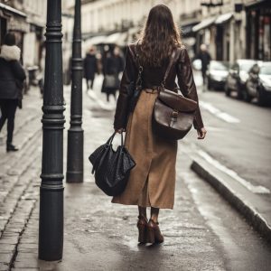 Une femme se promène dans la rue avec un sac en cuir vintage.