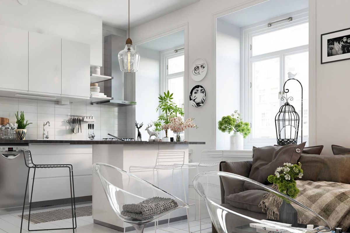 Cuisine lumineuse et moderne avec des armoires blanches épurées se fondant dans un espace de vie confortable avec des meubles transparents et des tons neutres, avec une décoration contemporaine.