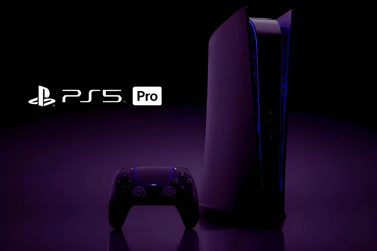 Une console et une manette PlayStation 5 Pro avec une étiquette « PS5 Pro » sur fond violet.
