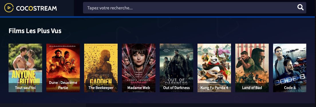 Capture d'écran d'une plateforme de streaming, CocoStream, présentant des films populaires : Anyone But You, Dune: Part Two, The Beekeeper, Madame Web, Out of Darkness, Kung Fu Panda 4, Land of Bad et Code 8. Profitez de films et séries sans pub avec streaming gratuit.