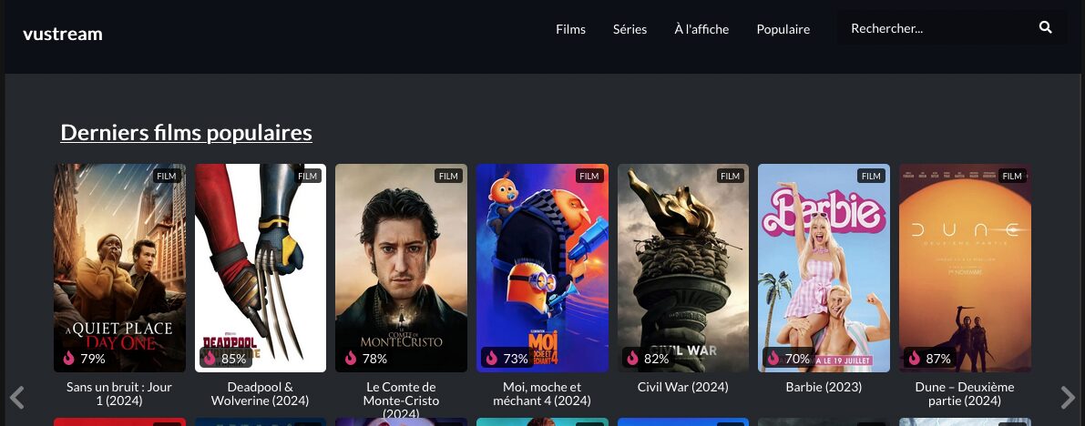 La section « Derniers films populaires » d'une plateforme de streaming présente diverses reprises de films, notamment « Sans un bruit : Jour 1 », « Deadpool 3 », « Le Comte de Monte-Cristo », « Les Minions » et « Barbie ». Découvrez un mélange de films et de séries qui captiveront les spectateurs.