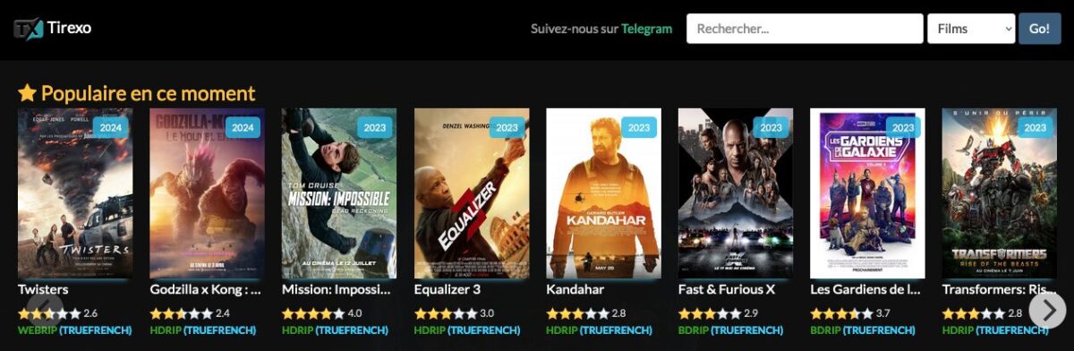 Une sélection de films et séries populaires en français, notamment des titres comme « Twisters », « Godzilla vs Kong » et « Les Gardiens de la Galaxie », avec l'année de sortie et les notes d'audience affichées.