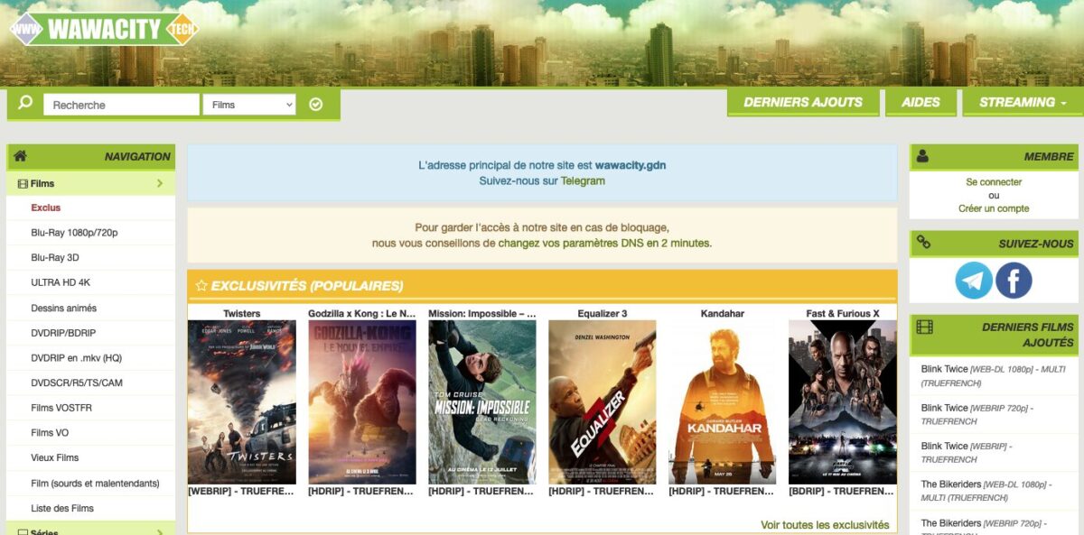 Capture d'écran de la page d'accueil de WawaCity affichant différentes sections de films, notamment les nouvelles sorties, les films populaires et les options de streaming. Le site dispose d'une barre de recherche et d'un menu de navigation sur la gauche pour une navigation facile pour regarder des films et des séries.