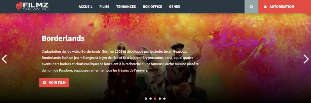 La page Web Filmz Streaming affiche des informations sur le film "Borderlands", avec un arrière-plan coloré et une brève description de l'adaptation cinématographique du jeu vidéo. Un bouton "Voir Film" est visible, offrant un accès facile au streaming gratuit pour les films et séries.
