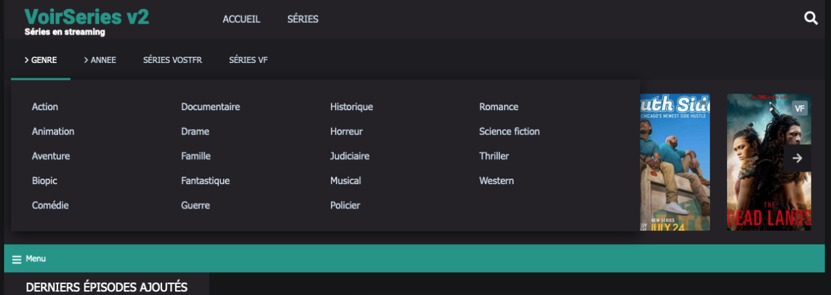 L'interface du site de streaming affiche des catégories telles que Action, Drame et Comédie, avec des options de menu et deux affiches de films sur la droite. Profitez d'une expérience fluide pour *regarder des films et des séries* sans interruption sur nos *sites de streaming gratuit* sans pub.