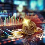 Un rendu numérique de pièces d'or en crypto-monnaie avec un symbole lumineux au premier plan. Derrière eux, la fonction automatique de Brouillon affiche des graphiques et des données financières fluctuantes sur un écran sur un fond bleu-vert flou.