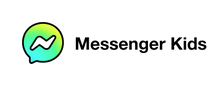 Logo de Messenger Kids, représentant une bulle de discussion verte avec un éclair blanc et noir à l'intérieur, à côté du texte « Messenger Kids », conçu pour les jeunes utilisant la messagerie instantanée.