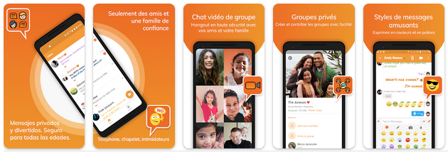 Une série de quatre captures d'écran de smartphone présentent les fonctionnalités d'une application de messagerie conçue pour les jeunes, notamment des conversations privées, des appels vidéo, des groupes privés et divers styles de messages. Les textes sont en français et en espagnol pour plaire à un public diversifié qui explore les options de messagerie instantanée.