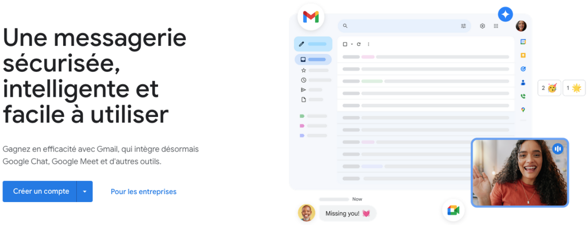L'image montre une interface Gmail avec un appel vidéo à droite et un aperçu du message de discussion en dessous. À gauche, le texte met en évidence la messagerie sécurisée et conviviale de Gmail avec une fonction de brouillon automatique (« brouillon auto ») pour assurer une communication fluide.
