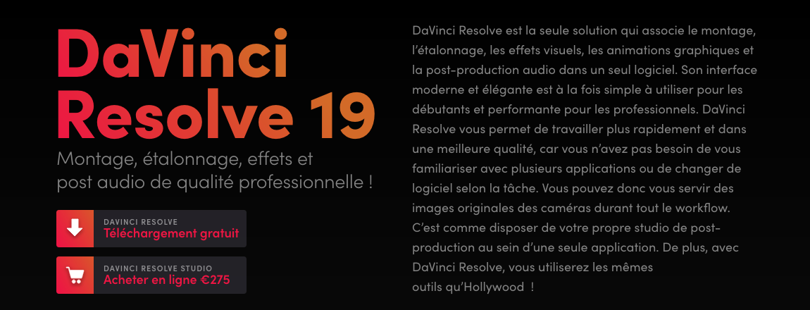 Image promotionnelle pour DaVinci Resolve 19 présentant les fonctionnalités et les options de prix, avec un texte en français mettant en évidence les capacités d'édition professionnelles et la fonction innovante « Brouillon auto » pour des flux de travail fluides.