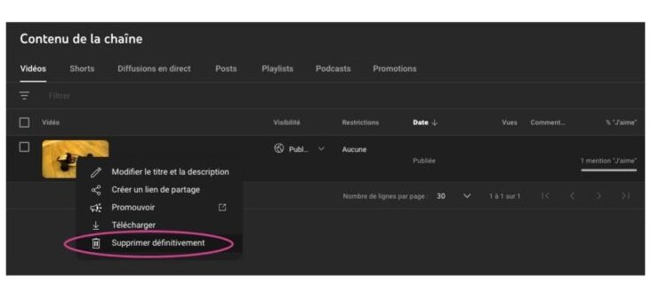 Une capture d'écran d'une interface de gestion vidéo dans une langue étrangère présente l'option de supprimer définitivement une vidéo, offrant ainsi de la clarté au milieu des options automatiques de brouillon.