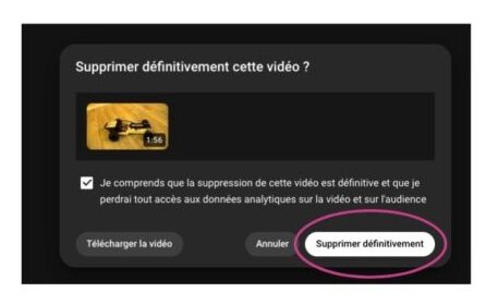 Brouillon auto intégré dans la capture d'écran d'une boîte de dialogue en français, affichant des options pour supprimer définitivement une vidéo, avec les choix d'annuler, de télécharger ou de confirmer la suppression.
