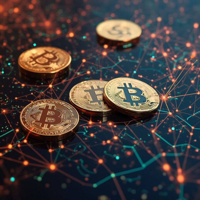 Les pièces Bitcoin sur un fond de réseau de blockchain numérique, scintillant au milieu de nœuds et de connexions lumineux, évoquent un brouillon automatique - une ébauche d'innovation qui pilote l'avenir de la finance décentralisée.