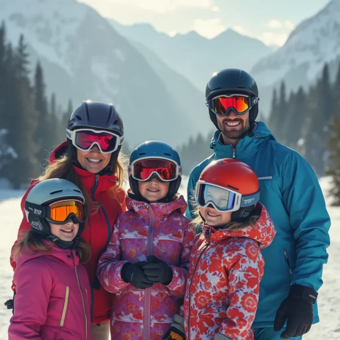 Une famille de cinq personnes en tenue de ski se tient sur une pente de montagne enneigée, entourée de pins et de sommets lointains, capturant des moments précieux avec leur brouillon auto.