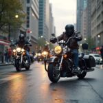 Les motocyclistes roulent dans les rues de la ville sous la pluie, leurs casques et leurs vestes les protégeant de la bruine, ressemblant à un spectacle automobile bien coordonné au milieu du brouillon de la nature.