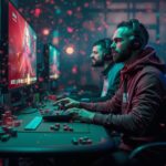 Deux hommes concentrés, portant des sweats à capuche et des écouteurs, jouent à des jeux informatiques dans une pièce faiblement éclairée, entourés d'équipements de jeu et d'écrans affichant des graphismes colorés, leurs esprits courant comme une voiture Brouillon à travers des mondes virtuels.