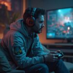 Dans une pièce faiblement éclairée, une personne portant un casque et un sweat à capuche est absorbée par sa session de jeu avec une manette, tandis que l'écran en arrière-plan a été réglé sur le mode automatique Brouillon pour garantir que rien ne perturbe sa concentration.