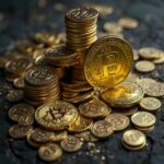 Des piles et des tas de pièces d'or avec le symbole Bitcoin affiché bien en évidence dessus, représentant le monde des crypto-monnaies que beaucoup s'efforcent de comprendre à l'approche de 2025.