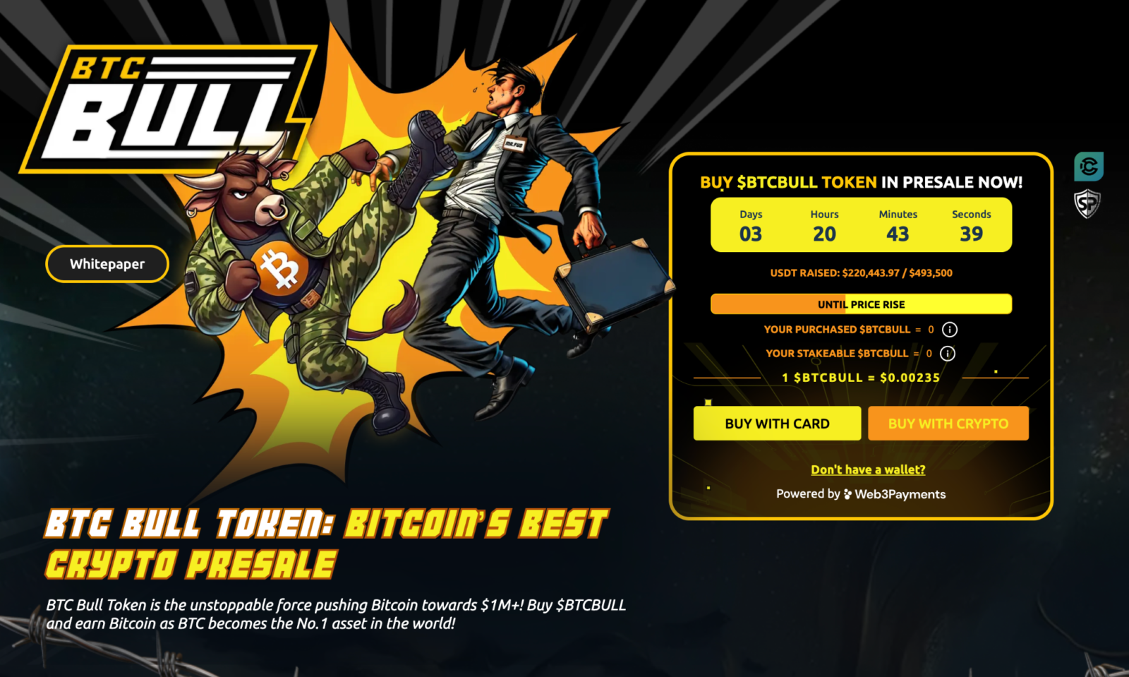 Un personnage de dessin animé tenant un homme en costume symbolise le BTC Bull Token. L'image, qui rappelle un croquis de voiture de brouillon, fait la promotion d'une prévente de crypto-monnaies avec des comptes à rebours, des détails sur les prix et des options d'achat via une carte ou un portefeuille.