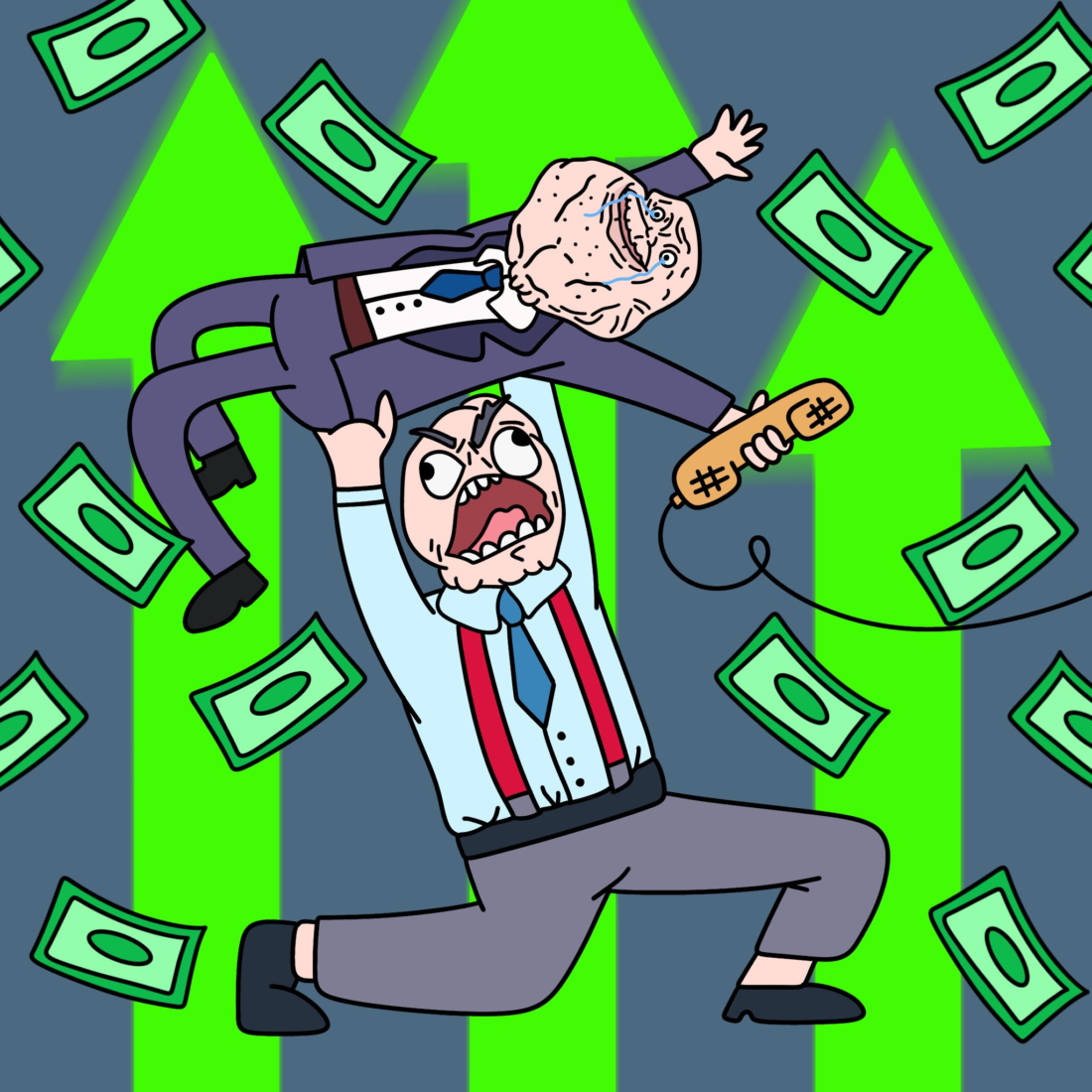 Dessin animé d'une personne tenant triomphalement une personne plus petite au-dessus de sa tête comme un trophée, avec des billets de dollars flottants, des flèches vers le haut et les mots « Brouillon auto » subtilement incorporés à l'arrière-plan pour une touche fantaisiste.