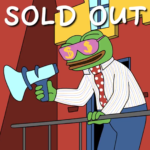 Une grenouille de dessin animé portant une chemise rayée et une cravate à pois rouges tient un mégaphone, faisant écho à l'ambiance de Wall Street Pepe. Arborant des lunettes de soleil avec des symboles de dollar, il annonce avec assurance les mots « ÉPUISÉ » ci-dessus.