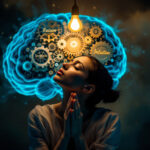 Une femme aux yeux fermés se tient debout sous une ampoule lumineuse. Derrière elle, une illustration représentant un cerveau avec des engrenages et des mots tels que « Raison » et « Intuition » est affichée.