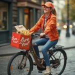 Une personne portant une veste et une casquette orange descend à vélo la rue de la ville avec une boîte de livraison rouge chargée de frites et de sacs, incarnant les commodités du tout-livré.