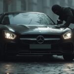 Une personne vêtue de sombre s'appuie contre une élégante voiture de sport noire dont les phares percent la nuit brumeuse dans une rue pavée, un peu comme les scènes prédites pour les voitures futuristes de 2025.