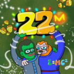 Deux personnages de dessins animés brandissent un panneau lumineux « 22M ». L'un d'eux arbore un visage peint en vert, tandis que l'autre porte des lunettes. L'arrière-plan présente des rochers flottants et E=MC², évoquant une ambiance cosmique Solaxy, un clin d'œil à des mystères comme la magie de la blockchain de Solana ou même un tapis tiré de manière artistique.