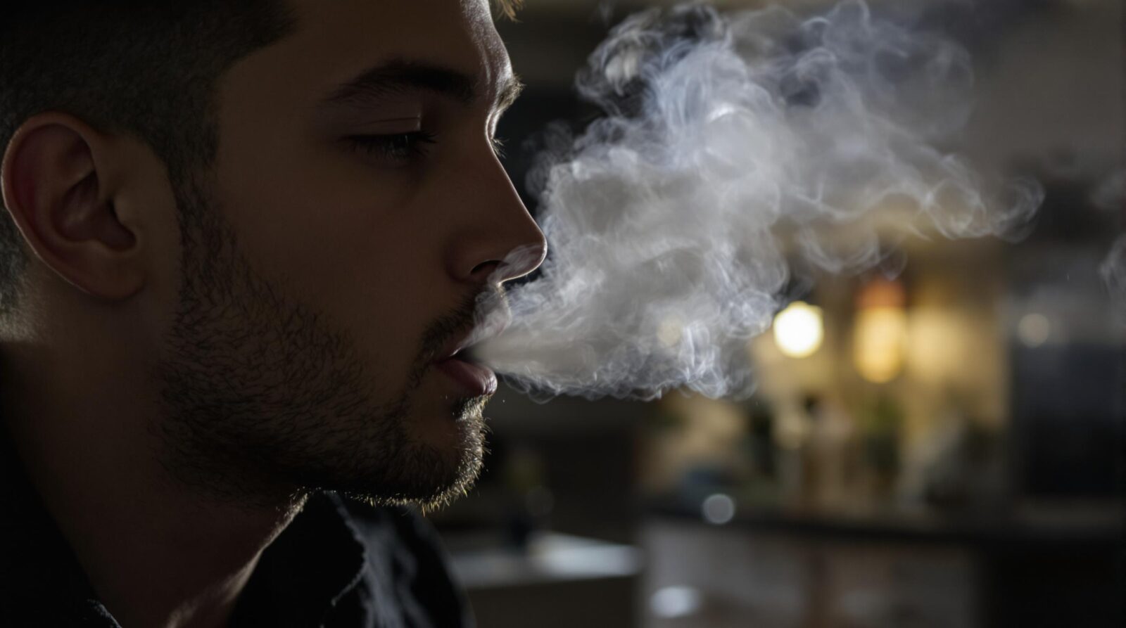 Un homme exhale de la fumée sur un arrière-plan flou à l'intérieur.