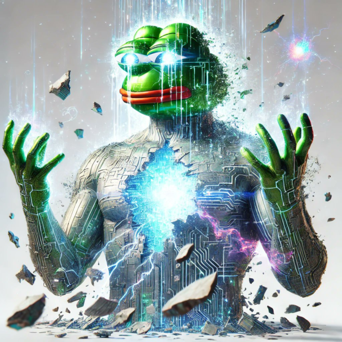 Une figure humanoïde futuriste verte avec des motifs de circuit et une énergie bleue brillante, ressemblant à un Crypto AI MIND, émet de la lumière depuis sa poitrine. Il est entouré de débris flottants et d'effets numériques, symbolisant un investissement intelligent dans un avenir axé sur les ICO.