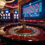 Gros plan d'une roulette dans un casino, avec un grand écran affichant les résultats du jeu en arrière-plan. Le décor respire le luxe avec des lustres et un éclairage d'ambiance, soulignant comment la technologie améliore l'expérience tout en favorisant le jeu responsable.