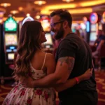 Dans un casino brillamment éclairé, entouré de l'attrait des jeux d'argent, un couple s'embrasse, se souriant avec des machines à sous en arrière-plan.