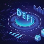 Illustration abstraite de DeFi avec du texte 3D et des graphiques financiers numériques, y compris des tableaux et des graphiques, sur un fond sombre rappelant une auto brouillon.