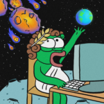 Un personnage de dessin animé portant une toge et une couronne de laurier est assis devant un ordinateur sur la surface lunaire de Solaxy, tendant la main vers une petite Terre, entourée de comètes et d'astéroïdes.