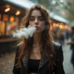 Une femme vêtue d'une veste en cuir, se livrant à un vapotage, exhale un filet de vapeur sur un marché en plein air tandis que des lumières floues scintillent en arrière-plan.