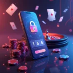 Un smartphone avec un écran de verrouillage affiché se dresse debout parmi des jetons de poker et des cartes à jouer, avec une roulette en arrière-plan, symbolisant l'essor de la banque numérique dans le monde des jeux d'argent en ligne.