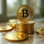 Une pile de pièces d'or brillantes portant le symbole Bitcoin est exposée sur une table, soulignant le rôle croissant de la crypto dans la finance moderne, avec une fenêtre en arrière-plan flou.
