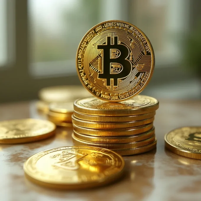 Une pile de pièces d'or brillantes portant le symbole Bitcoin est exposée sur une table, soulignant le rôle croissant de la crypto dans la finance moderne, avec une fenêtre en arrière-plan flou.