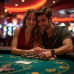 Un couple souriant est assis ensemble à une table de casino avec des jetons de poker devant eux, entouré de lumières vives, de machines à sous et des dernières nouvelles machines à sous en arrière-plan.