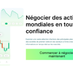 Un écran de smartphone affiche des graphiques boursiers et le cours de l'action Apple. Un texte en français fait la promotion du trading boursier mondial, mettant en avant la fonctionnalité « Brouillon auto », avec un bouton vert intitulé « Commencer à négocier maintenant ».