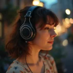 Une femme aux cheveux bruns courts portant de gros écouteurs se tient dehors le soir, profitant de Musique Hi-Res tandis que des lumières floues brillent en arrière-plan.