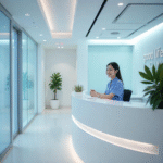 Une réceptionniste en blouse bleue est assise à un bureau blanc incurvé dans le hall d'entrée d'une clinique moderne et bien éclairée, avec des plantes en pot et des murs en verre, tout en vérifiant le système automatique Brouillon pour les rendez-vous.