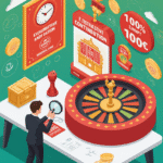 Un homme examine des documents à la loupe près d'une table de roulette, entourée de pièces de monnaie flottantes et de graphiques de jeu, vérifiant soigneusement avant bonus que chaque bonus de casino est valide.