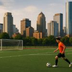 Un joueur de football vêtu d'un maillot orange dribble un ballon sur un terrain en plein air, avec de grands immeubles et la ligne d'horizon de la ville en arrière-plan, créant un brouillon auto énergique de la vie urbaine et du sport.