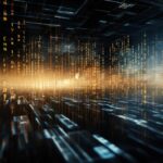 Des rangées de chiffres et de symboles lumineux flottent dans un environnement numérique sombre, évoquant un flux de données futuriste ou une matrice virtuelle rappelant une interface automobile de Brouillon.