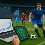 Un joueur de football en bleu contrôle le ballon sur le terrain, tandis qu'un ordinateur portable et une tablette affichent des graphiques et des diagrammes tactiques, illustrant les analyses sportives.